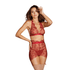 Dreamgirl 3-delige set rood bloemenborduursel, maat XL, vooraanzicht, bralette met jarretelgordel en transparante mesh