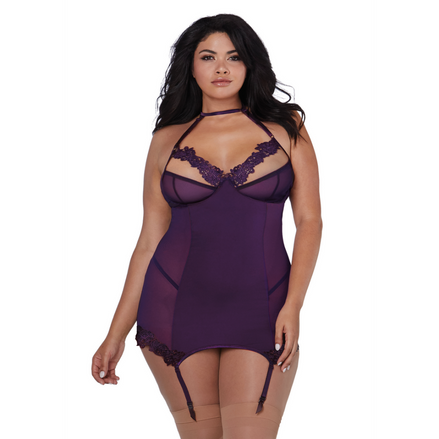 Dreamgirl Suspender Brief in Microfiber and Mesh with Lace | Plus Size Aubergine