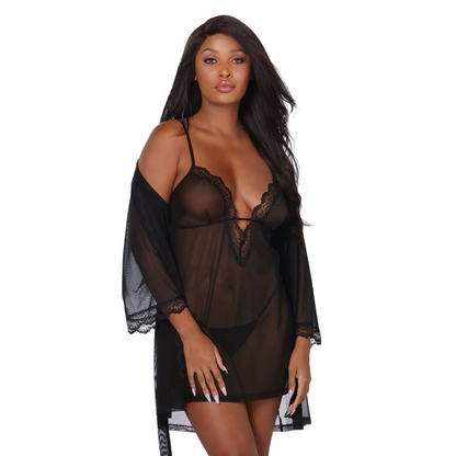 Stretch Mesh Chemise and Robe Set - Black - S