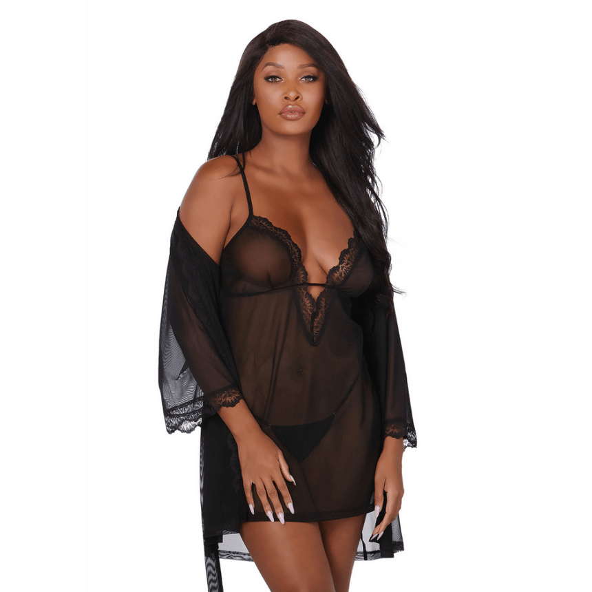 Dreamgirl zwarte mesh chemise en robe set maat S met kanten details en elegante lingerie stijl