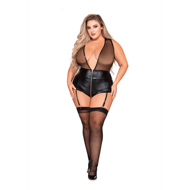 Dreamgirl Teddy met rits en jarretels | Plus Size 2X Zwart