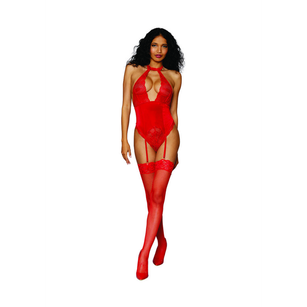 Women's Stretch Lace and Stretch Velvet Garter Teddy - One Size - Red | Dreamgirl