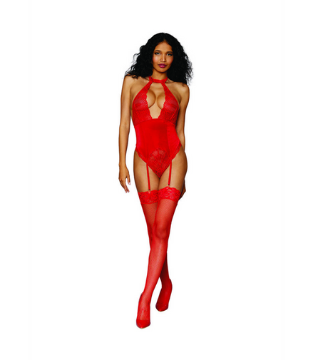 Women's Stretch Lace and Stretch Velvet Garter Teddy - One Size - Red | Dreamgirl