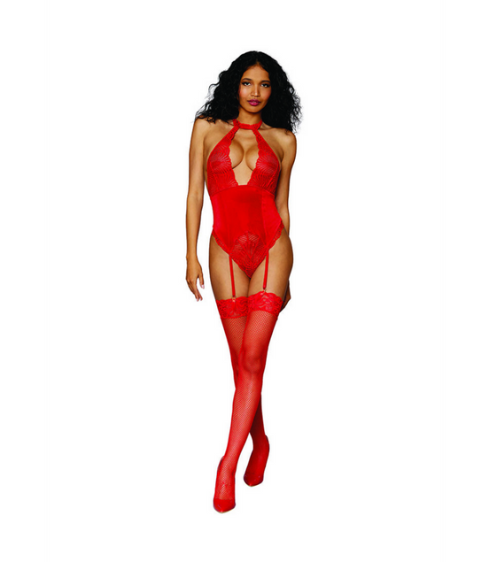 Women's Stretch Lace and Stretch Velvet Garter Teddy - One Size - Red | Dreamgirl