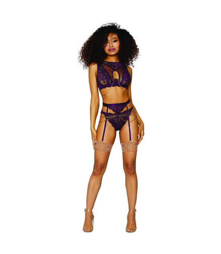 Women's Lace and Mesh 3 Piece Set - XL - Aubergine