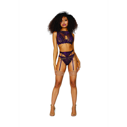 Dreamgirl 3-Piece Lingerie Set with Suspender Belt and G-String | Size XL Aubergine
