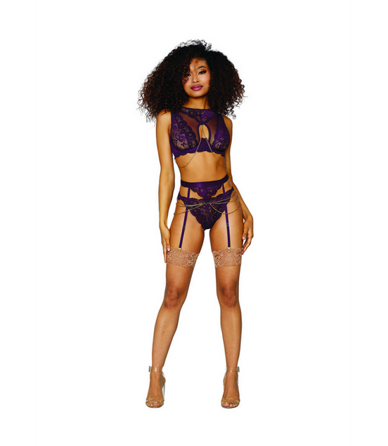 Women's Lace and Mesh 3 Piece Set - XL - Aubergine