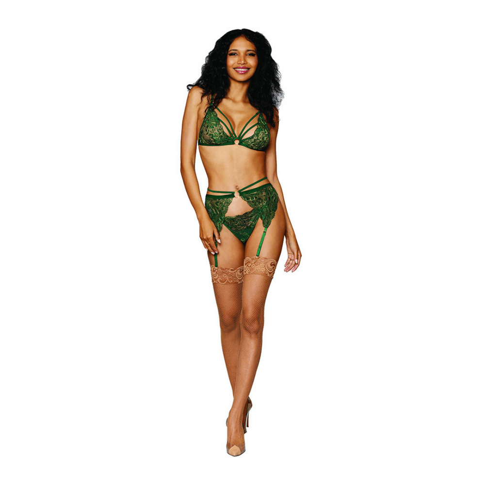 Dreamgirl 3-delige Lingerieset met jarretelgordel en G-string | One Size Groen