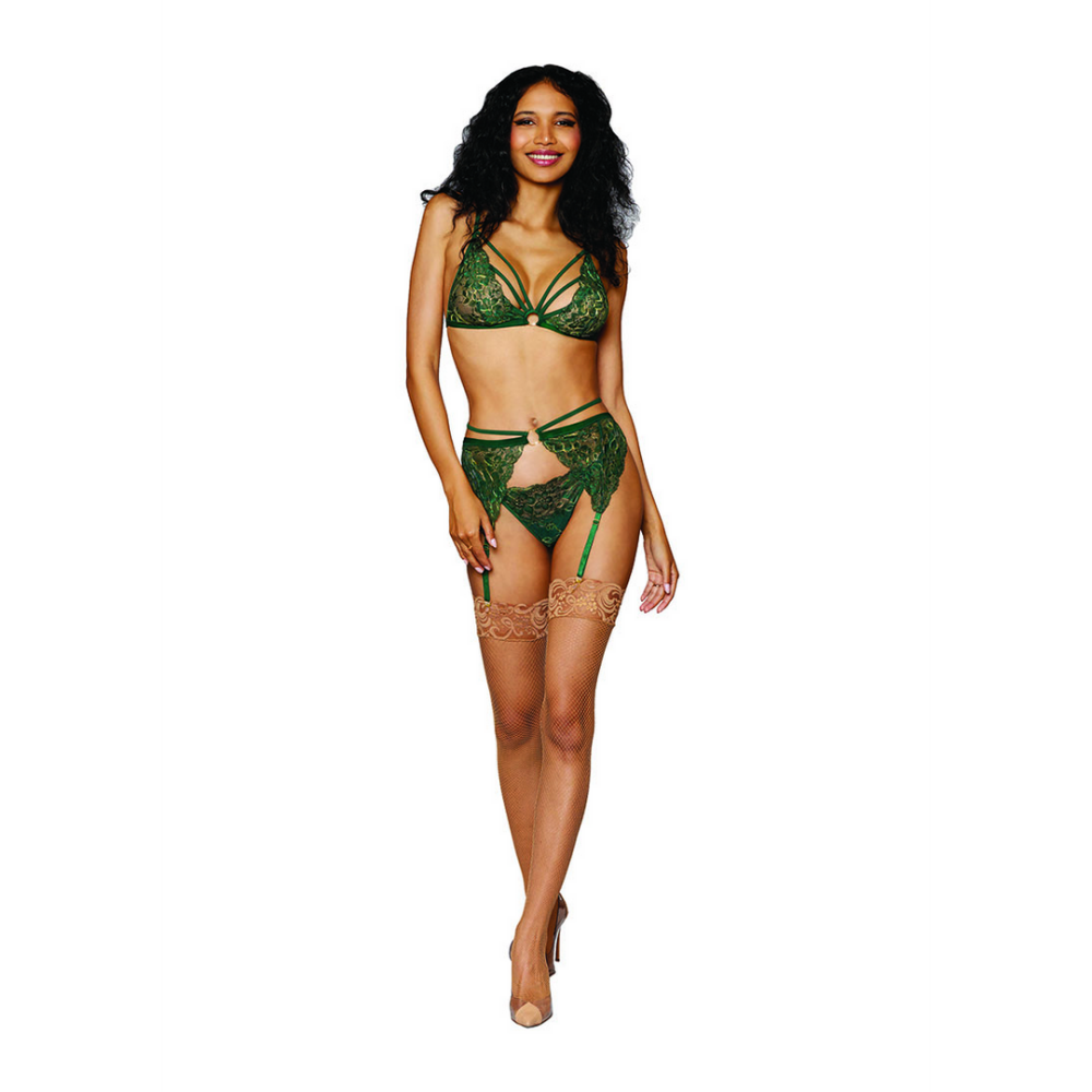 Dreamgirl 3-Piece Lingerie Set with Suspender Belt and G-String | One Size Green