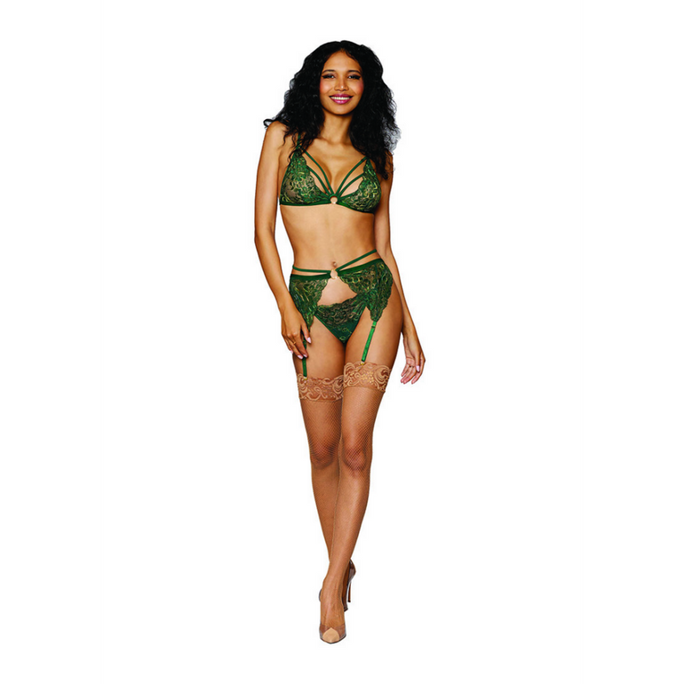 Dreamgirl 3-Piece Lingerie Set with Suspender Belt and G-String | One Size Green