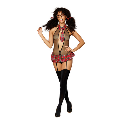 Dreamgirl Schoolgirl Teddy met kouseband en bril | Maat One Size Zwart/Rood