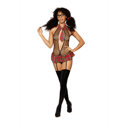 Dreamgirl Schoolgirl Teddy mit Strumpfband und Brille | Größe One Size Schwarz/Rot