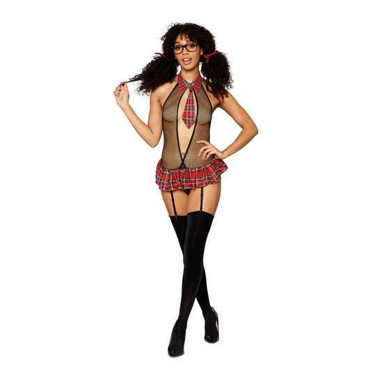 Dreamgirl Schoolgirl Teddy met kouseband en bril | Maat One Size Zwart/Rood