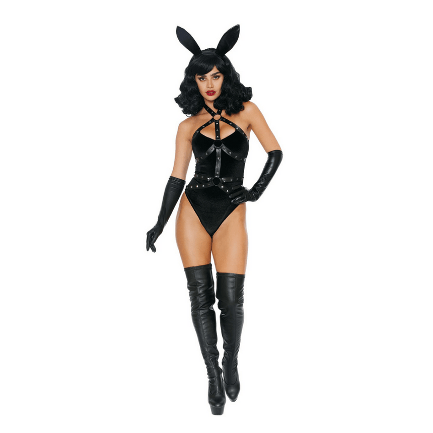 Dreamgirl Bad Girl Bunny kostuum zwart maat XL, vooraanzicht met bunny oren, body en hoge laarzen