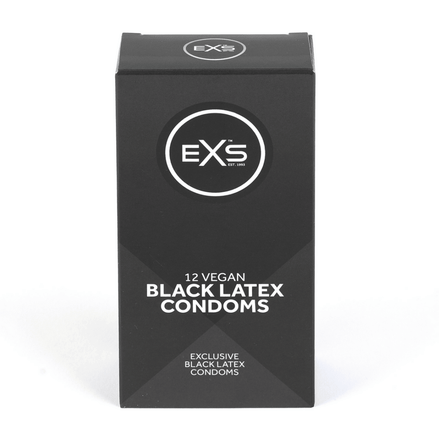 EXS Black Latex condooms 12 stuks in zwarte doosverpakking, recht van voren op witte achtergrond