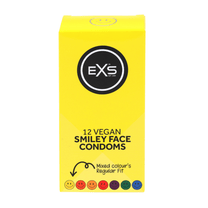 EXS Smiley Face Regular condooms in gele verpakking met speelse smiley details op witte achtergrond
