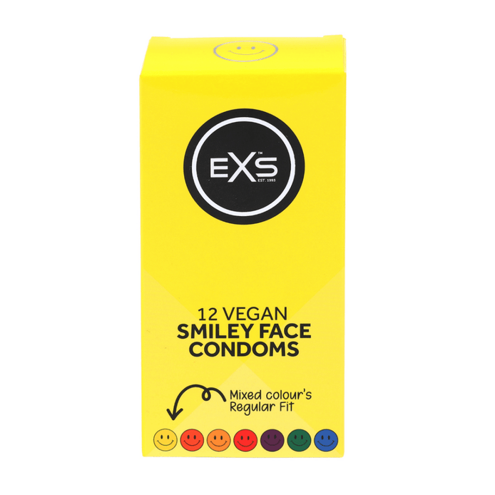 EXS Smiley Face Regular condooms in gele verpakking met speelse smiley details op witte achtergrond