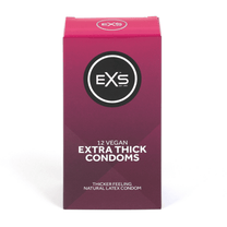 EXS Extra Thick condooms 12 stuks in bordeauxrode verpakking, staand op witte achtergrond
