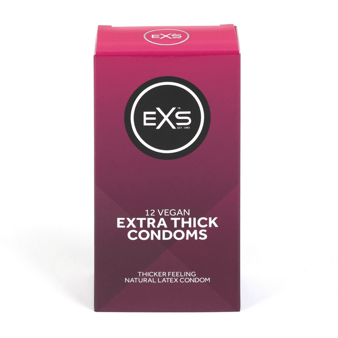 EXS Extra Thick condooms 12 stuks in bordeauxrode verpakking, staand op witte achtergrond