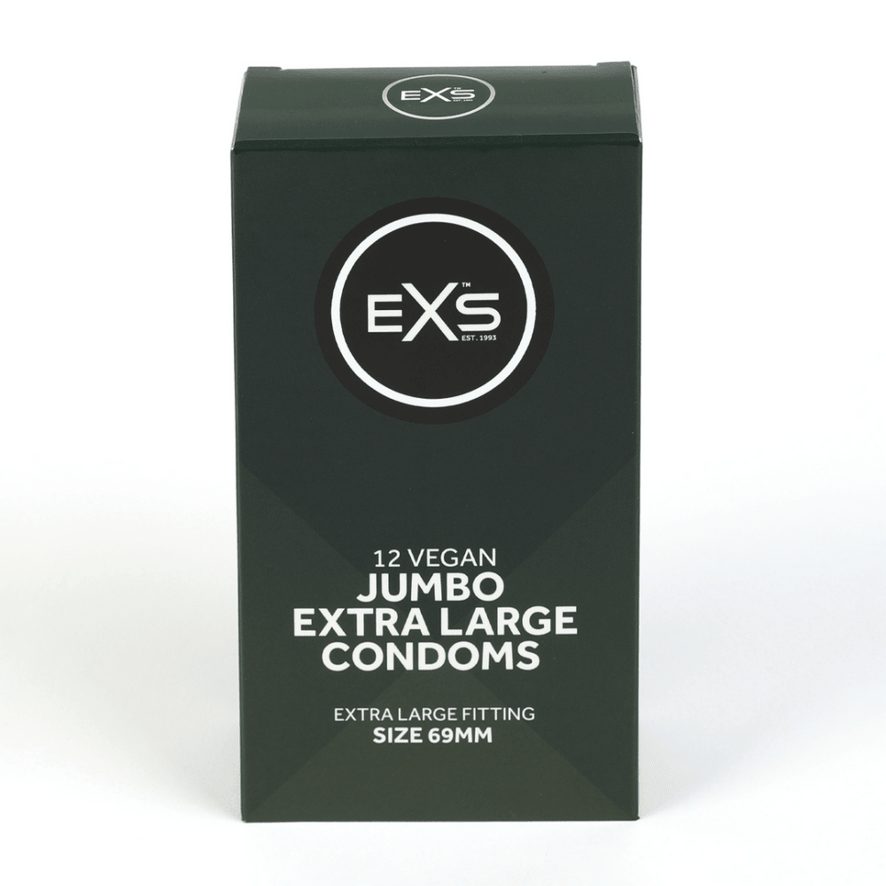 EXS Jumbo condooms 12 stuks in donkergroene verpakking, staand productbeeld op een witte achtergrond