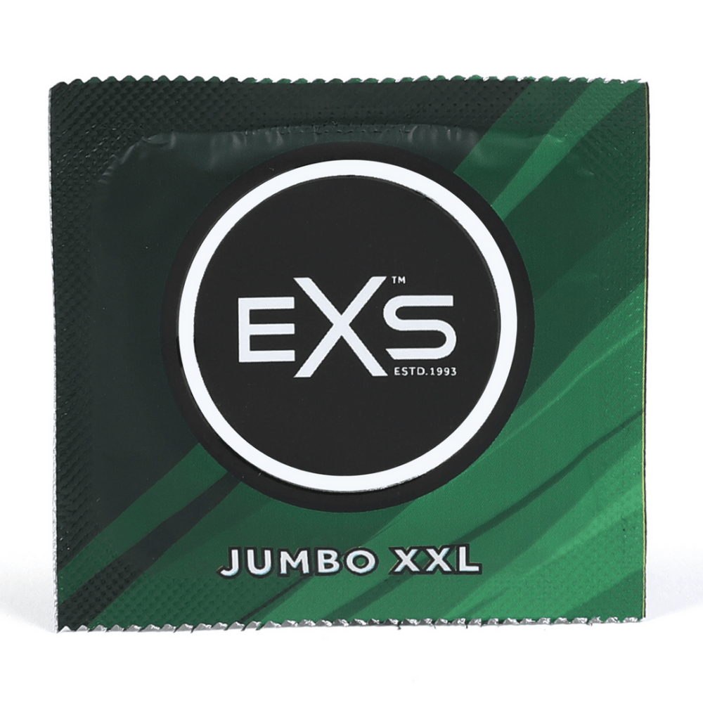 EXS Jumbo condoom in groene folieverpakking, frontaal gefotografeerd met rond merklogo op de voorkant