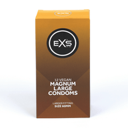 EXS Magnum condooms 12 stuks in goudbruine verpakking, staand gefotografeerd op een witte achtergrond.