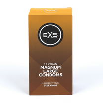 EXS Magnum condooms 12 stuks in goudbruine verpakking, staand gefotografeerd op een witte achtergrond.