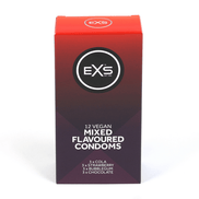 EXS Mixed Flavoured condooms in roodpaarse doos, staand gefotografeerd op een witte achtergrond