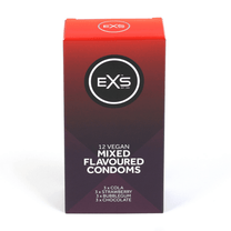 EXS Mixed Flavoured condooms in roodpaarse doos, staand gefotografeerd op een witte achtergrond