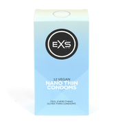 EXS Nano Thin condooms 12 stuks, lichtblauwe doos staand op witte achtergrond met merklogo vooraan.