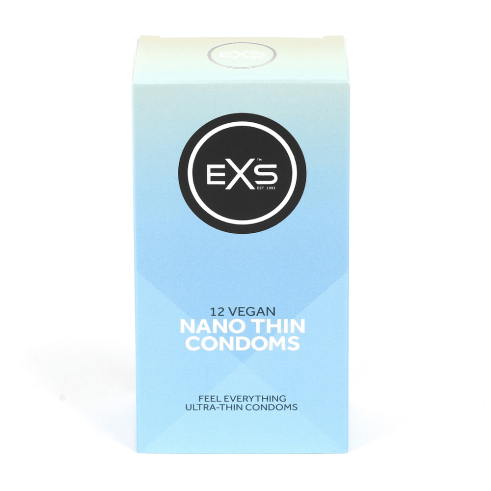 EXS Nano Thin condooms 12 stuks, lichtblauwe doos staand op witte achtergrond met merklogo vooraan.