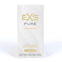 EXS Pure ultra dunne condooms 12 stuks in wit doosje met gouden logo, recht op lichte achtergrond