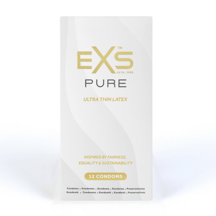 EXS Pure ultra dunne condooms 12 stuks in wit doosje met gouden logo, recht op lichte achtergrond