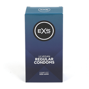 EXS Regular condooms 12 stuks in donkerblauw doosje, recht gefotografeerd op witte achtergrond