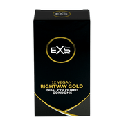Zwarte EXS Rightway Gold condoomdoos recht van voren, met goudkleurige cirkellijnen en merklogo