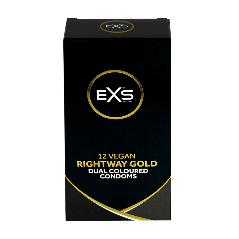 Zwarte EXS Rightway Gold condoomdoos recht van voren, met goudkleurige cirkellijnen en merklogo