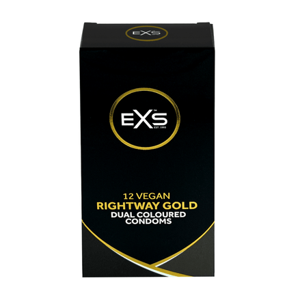 Zwarte EXS Rightway Gold condoomdoos recht van voren, met goudkleurige cirkellijnen en merklogo