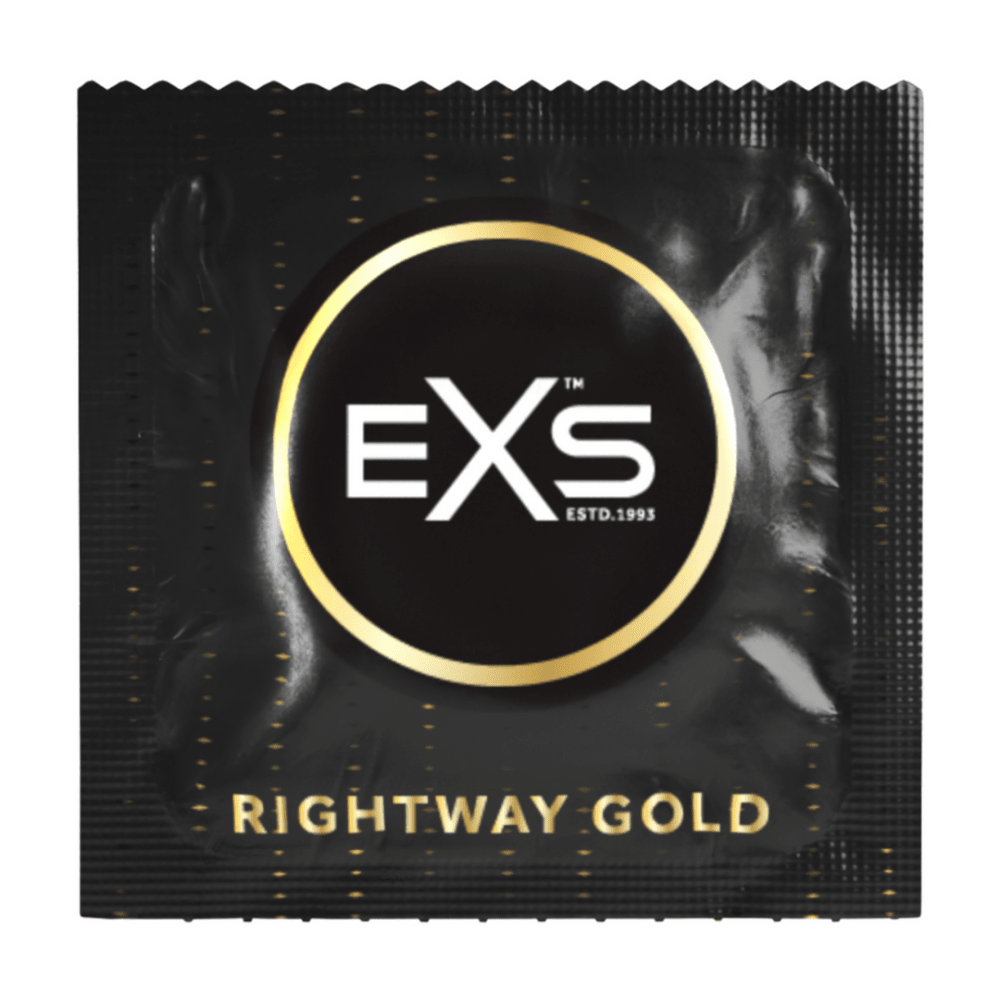 Losse zwarte EXS Rightway Gold condoomverpakking met goudkleurige details en centraal EXS logo
