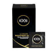 EXS Rightway Gold condoomdoos met losse verpakking, schuin geplaatst op witte achtergrond