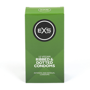 EXS Ribbed, Dotted en Flared condooms in groene doosverpakking, rechtop gefotografeerd op witte achtergrond