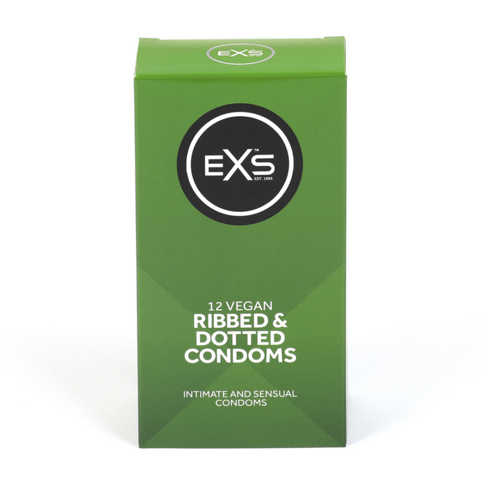 EXS Ribbed, Dotted en Flared condooms in groene doosverpakking, rechtop gefotografeerd op witte achtergrond