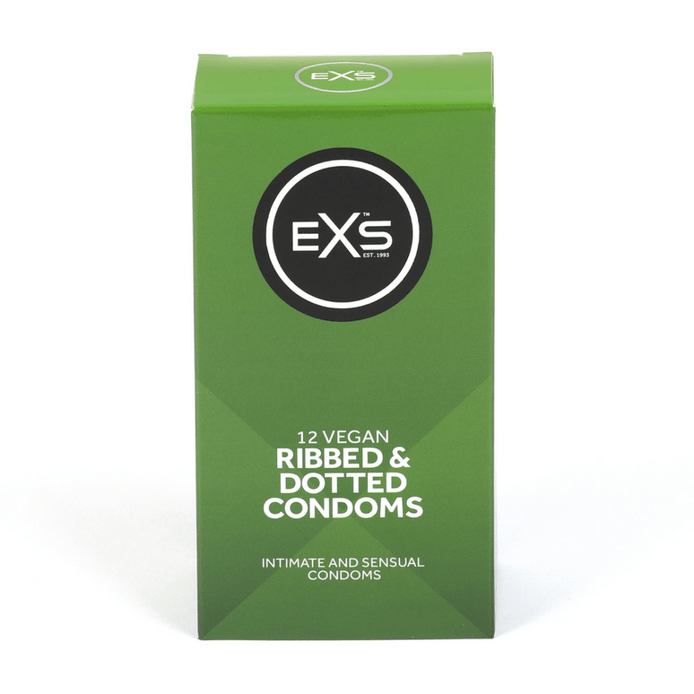 EXS Ribbed, Dotted en Flared condooms in groene doosverpakking, rechtop gefotografeerd op witte achtergrond