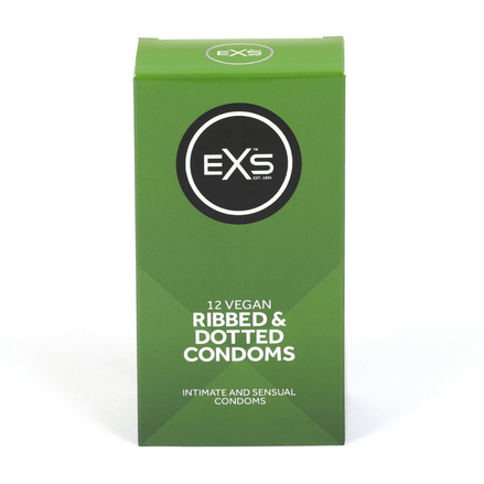 EXS Ribbed, Dotted en Flared condooms in groene doosverpakking, rechtop gefotografeerd op witte achtergrond