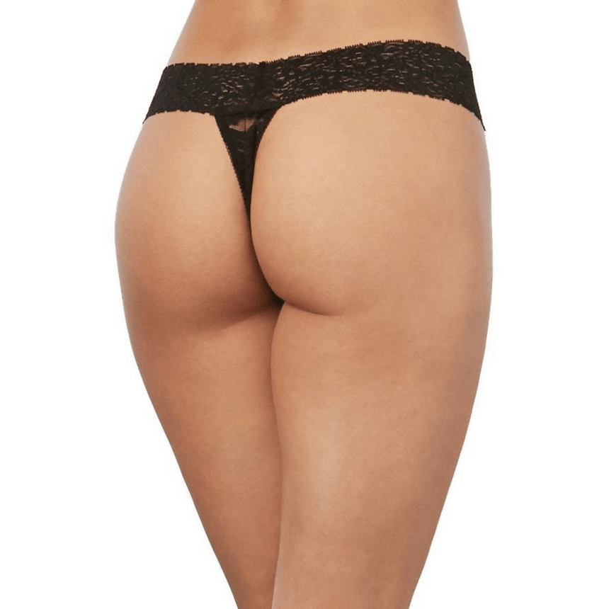 Achteraanzicht Dreamgirl kantstring zwart, one size, smalle string achterkant met kanten tailleband.