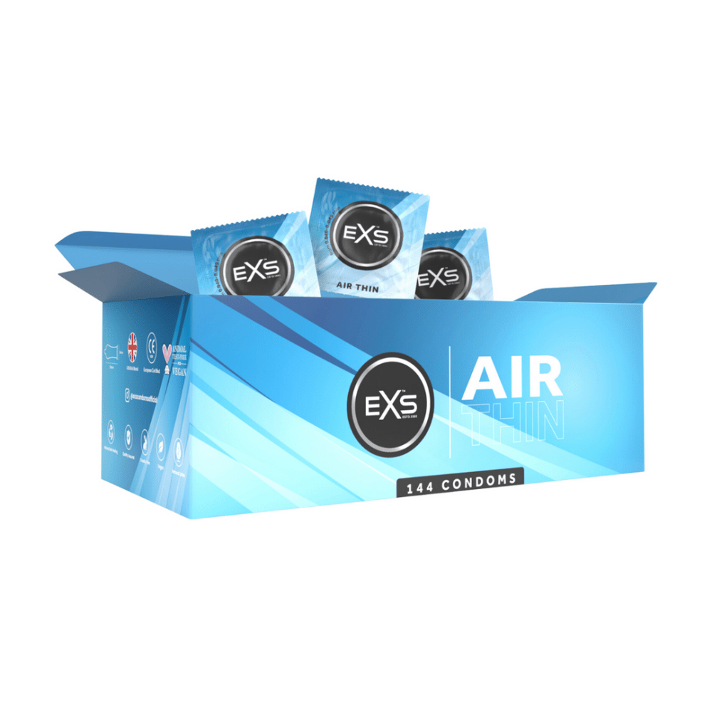 EXS Air Thin ultradunne condooms in turquoise displaybox met losse folieverpakkingen op witte achtergrond