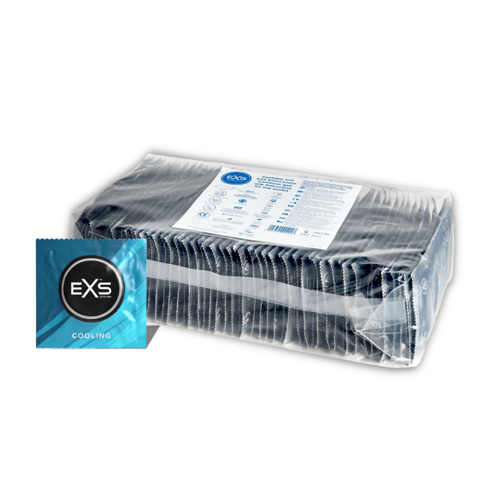 EXS Cooling Condooms 144 stuks in turquoise verpakking met open doos en condoomstrips op witte achtergrond.