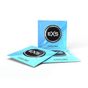 EXS Cooling condooms als losse turquoise verpakkingen met één staande verpakking op lichte achtergrond.
