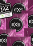 EXS Extra Thick condooms in paarse 144 stuks productcollage met meerdere losse verpakkingen
