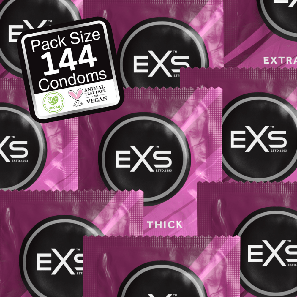 EXS Extra Thick condooms in paarse 144 stuks productcollage met meerdere losse verpakkingen