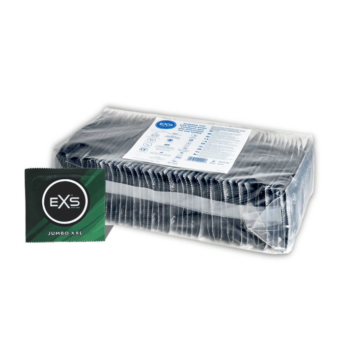 EXS Jumbo condooms 144 stuks in witte bulkverpakking met groene details, schuin op witte achtergrond